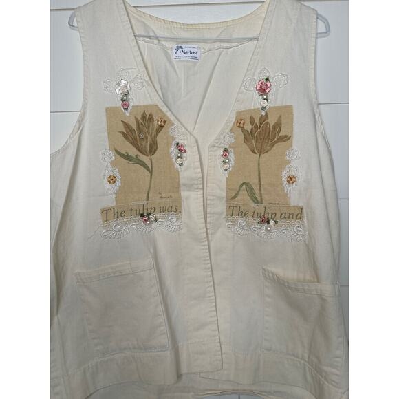 Handmade Garden Tulip and Lace Embellished Ivory Vintage Vest w/Pockets SIZE XL - Picture 1 of 2